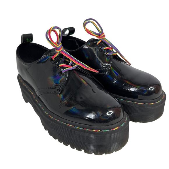 Dr. Martens 1461 Quad Rainbow Patent Platform Shoes black size 7 ladies 6 Men - Picture 3 of 16